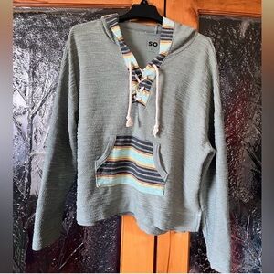 SO Sage Green V-Neck Hoodie with Striped Pocket